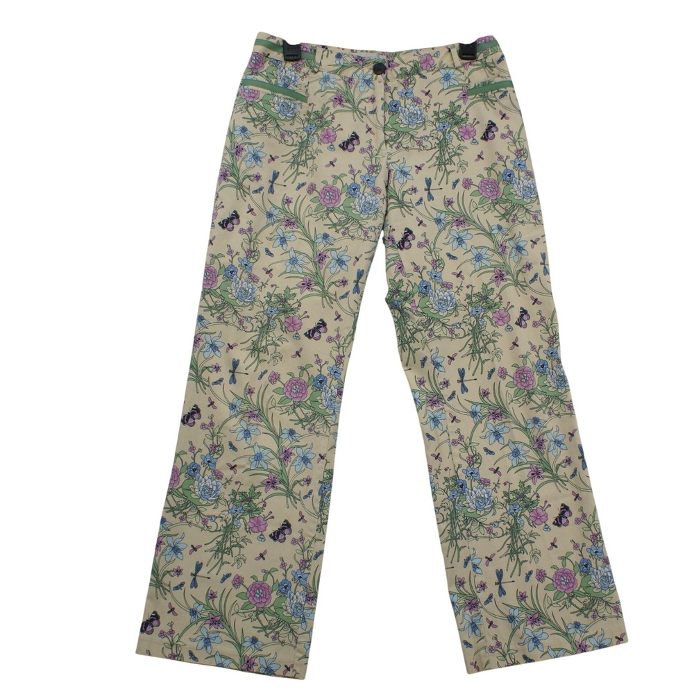 Petite Sophisticate Stretch Floral Butterfly Dragonfly Pants Beige Green Size 12